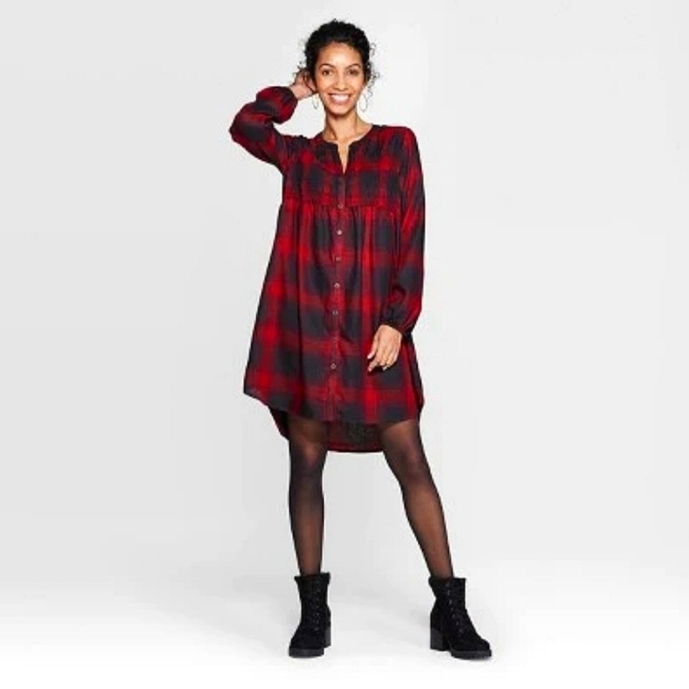 Knox Rose smocked bodice v-neck flannel shirt dress